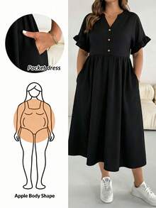 SHEIN Essnce Đầm ngắn tay màu đen trơn dành cho nữ cỡ lớn, kiểu dáng thường ngày, thích hợp cho mùa xuân và mùa hè. - Nhiều màu - Xem 1
