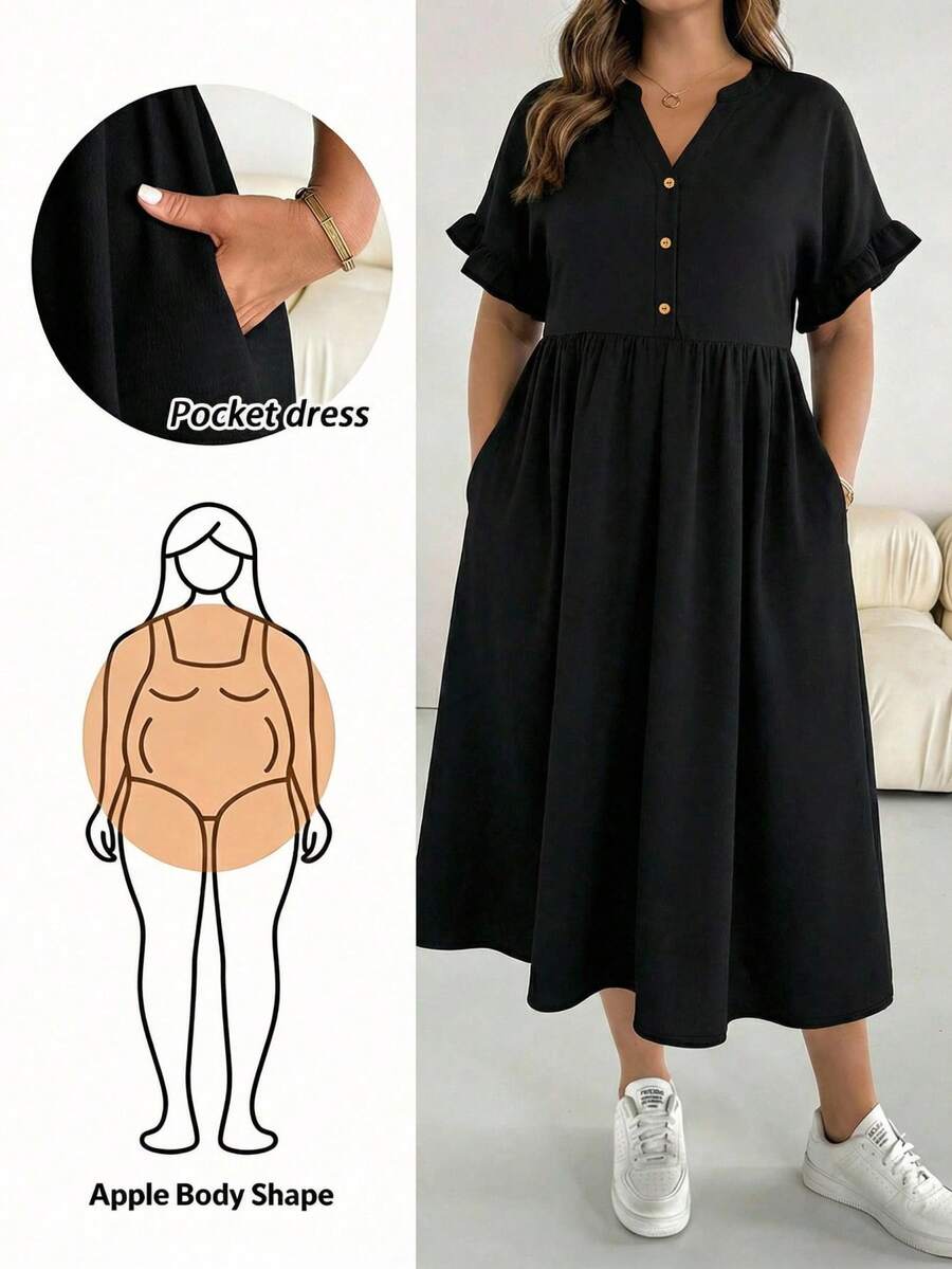 SHEIN Essnce Đầm ngắn tay màu đen trơn dành cho nữ cỡ lớn, kiểu dáng thường ngày, thích hợp cho mùa xuân và mùa hè. - Nhiều màu - Xem 1