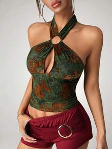 SHEIN ICON Áo croptop không tay, dây mảnh, hở lưng, khoét vòng tròn - Màu xanh lá cây đậm - Xem 7