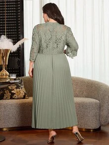 Modelyn Plus Size Solid Color Embroidered Pleated A-Line Casual Dress For Women Fall - Green - View 3