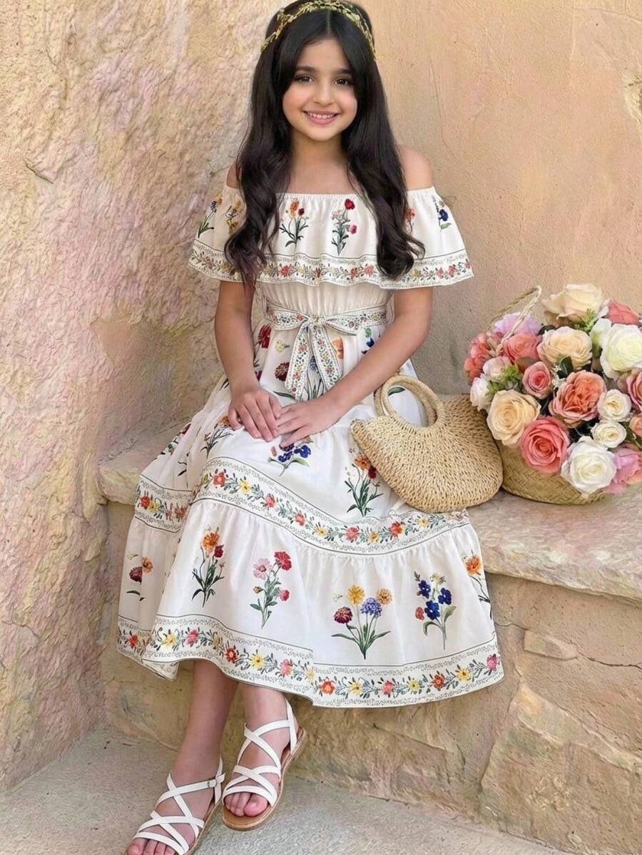 SHEIN 少女优雅露肩荷叶边领A字连衣裙，适合夏季、度假、婚礼、生日、节日等场合 - 白色 - 查看 1