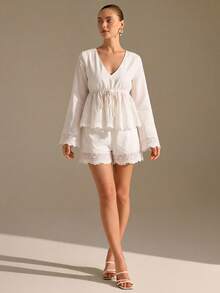 CLARA VERO Women's V-Neck Cotton Embroidered Ruffle Long Sleeve Loose Waist Shirt And Shorts Set - White - View 5