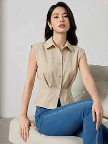 Heiryn Camisa Feminina Sem Mangas com Botões, Casual e Adequada para o Trabalho - Caqui - Visão 4