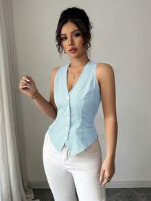 SHEIN Clasi 女士极简条纹单排扣休闲背心，适合通勤和约会 - 藍色 - 查看 5