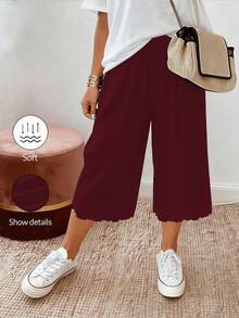 SHEIN PETITE CURVE 大码女式休闲抽绳腰针织七分裤 - 酒紅色 - 查看 8