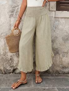 EMERY ROSE Women's Casual Boho Vacation High Waist Ruffle Hem Loose Wide Leg Pants, Suitable For Spring, Summer And Autumn Gaucho Women Beach Sage Green - Khaki - View 4