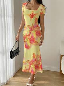 Modelyn Summer Square Neck Mermaid Ruffle Hem Bodycon Dress - Multicolor - View 6