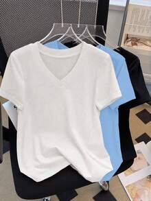 Plus Size Solid Color Minimalist V-Neck Short Sleeve T-Shirt - Multicolor - View 1