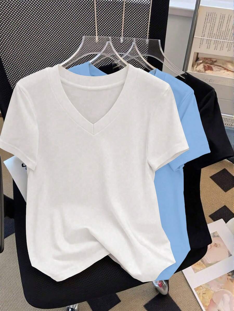 Plus Size Solid Color Minimalist V-Neck Short Sleeve T-Shirt - Multicolor - View 1