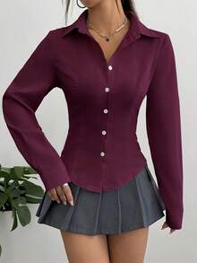 Flirla Women's Solid Color Regular-Shoulder Long Sleeve Fitted Front Button Blouse Teachers' Day Golf White Autumn Basic Sexy - Purple - View 4