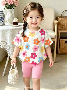 SHEIN Playful Pals 女婴可爱碎花印花套装，包括一件休闲碎花短袖圆领上衣和一条配套的修身骑行短裤，适合春夏季节、上学、可爱夏日女童装扮，韩版风格，夏季外出，女童夏季服装 - 彩色 - 查看 7