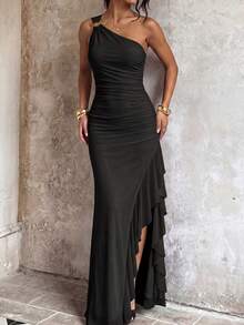 SHEIN Glamour Women's Black Knitted Mesh One-Shoulder Dress With Metal Buckle, High Slit Ruffle Hem Dress, Sexsy Elegant Vacation Versatile Dress For Valentine's Day Date, Pale Bridesmaid Wedding Guest Dress, Suitable For Various Occasions One Shoulder Ruched Maxi Dress High Slit Ruffle Evening Gown Soft Stretch Mesh Fabric One-Shoulder Neckline Prom Homecoming Ball Formal Date Night Summer Modern Minimalist Formal Classic Solid Beach Dresses Holiday Outfits For Women - Black - View 3