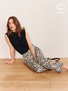 lacRébo Autumn Boho Girlisim Casual Vacation Women's Vintage Floral Print High Waisted Cotton Trouser Pants French Parisian Style Business Brunch Navy Blue - Multicolor - View 5