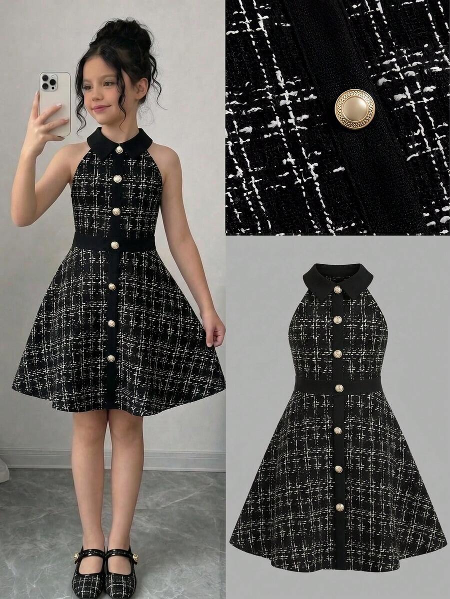 SHEIN Tween Girl Fashionable Elegant Short Sleeve Plaid Dress - Blue - View 1