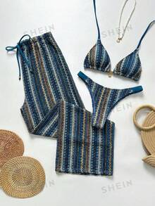 Swim Vcay Women's Summer Beach Patchwork Halter Tie Sexy Bikini And Triangle Panty Swimsuit Set With Wide Leg Pants - Multicolor - View 1