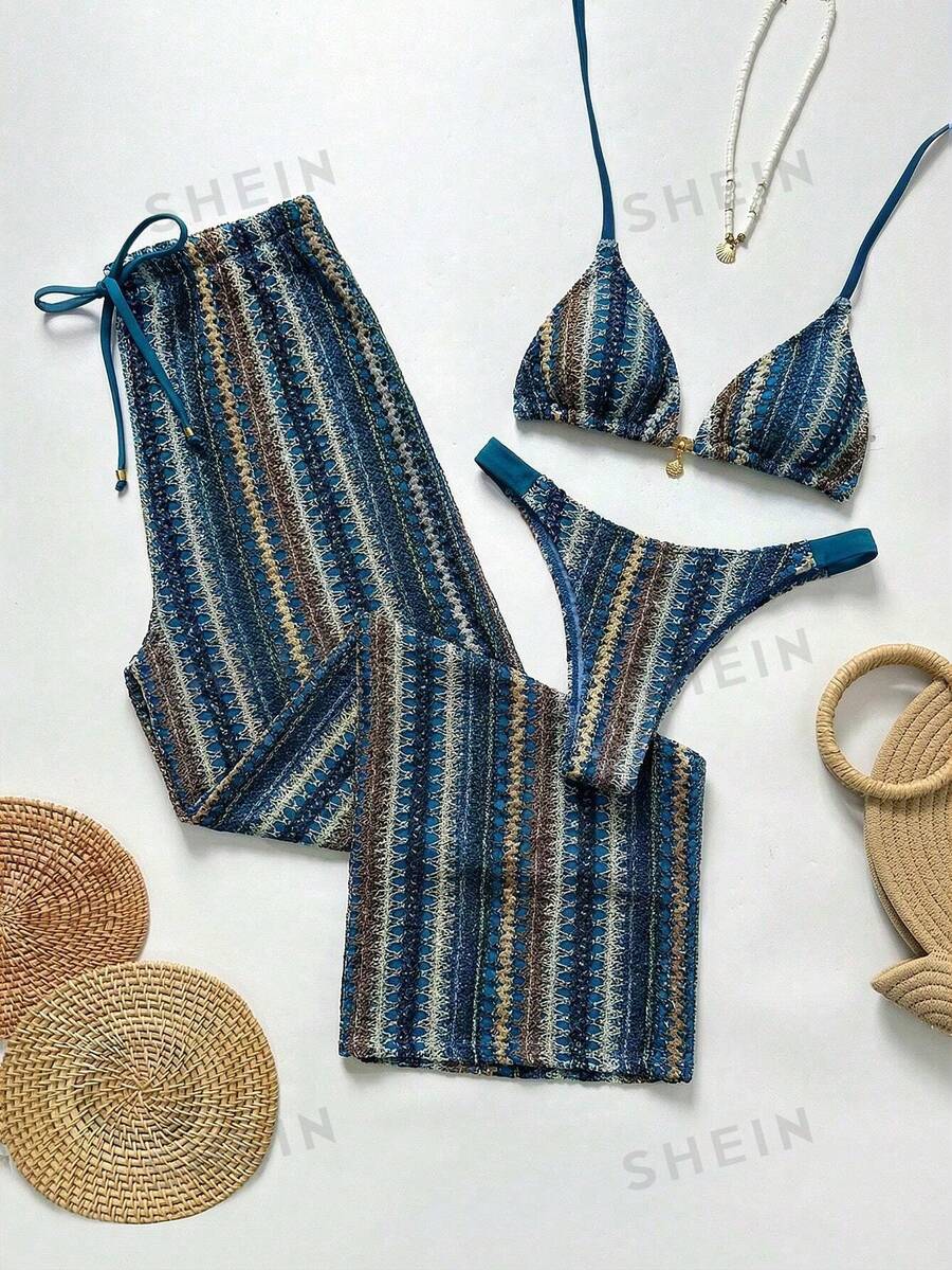 Swim Vcay Women's Summer Beach Patchwork Halter Tie Sexy Bikini And Triangle Panty Swimsuit Set With Wide Leg Pants - Multicolor - View 1