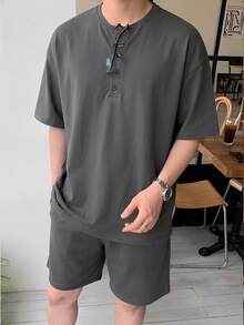 DAZY 男士短袖衬衫和短裤两件套，半开领，纯色，夏季 - 深灰色 - 查看 4