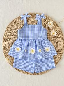 SHEIN 2件套女婴幼儿/新生儿0-3岁休闲日常可爱度假条纹蝴蝶结装饰吊带背心+短裤套装，春夏款 - 藍色 - 查看 4