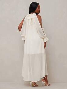 Radiana Plus Size Women's Chiffon High Neck Cold Shoulder Lantern Sleeve Asymmetrical Hem White Autumn Elegant Party Vacation Holiday Dress With Macrame Belt - Apricot - View 6