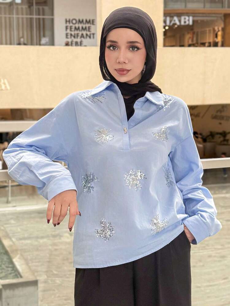 Casual Sequin Floral Print Women's Shirt, Spring