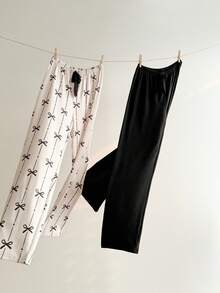 2 piezas Pantalones de pijama de mujer de punto con estampado de rayas y lazos - Multicolor - Ver 3