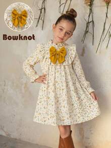 SHEIN Emery Rose Kids 小女孩可爱度假休闲杏色碎花图案蝴蝶结长袖宽松连衣裙，秋季碎花连衣裙 - 彩色 - 查看 3
