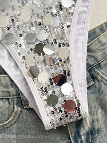 Swim SXY Bộ bikini dây rút màu trơn thời trang bán chạy dành cho nữ, đính sequin lấp lánh, thích hợp cho mùa xuân/hè. - Bạc - Xem 7