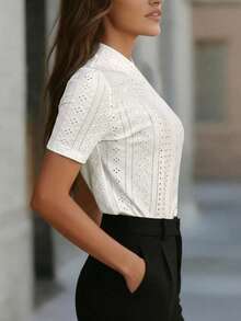 Balvessa 女士夏季针织提花镂空不对称露肩金属扣褶裥腰身修身小号领时尚优雅百搭短袖T恤 - 白色 - 查看 5