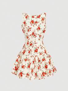 Skyraze Floral Print Low Waist Bow Tie Mini Dress - Red - View 4