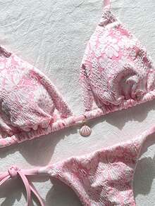 Swim Mod Set Bikini Seksi Wanita dengan Kain Jacquard, Leher Halter, dan Dekorasi Logam, Elegan untuk Musim Panas - Berwarna merah muda - View 6