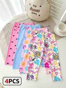 SHEIN Playful Pals 4条装女婴休闲百搭柔软可爱碎花、小碎花、爱心和彩色涂鸦印花打底裤，性价比高，适合春夏室内外休闲玩耍，多色甜美可爱印花裤，春夏或四季皆宜的百搭基础款打底裤 - 彩色 - 查看 4