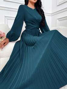 Modelyn Women's Elegant Cross Wrap Tie Back Lantern Sleeve Pleated Hem Modest Long Sleeve Arabian Dress, Solid Color Long Evening Dresses - Teal Blue - View 6