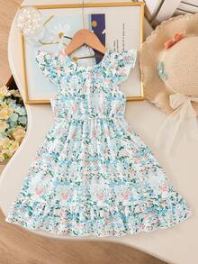 SHEIN Elladie kids 女童优雅薄荷蓝碎花圆领荷叶袖露背蝴蝶结腰带荷叶边下摆休闲连衣裙，适合度假旅行，可爱、优雅又时尚 - 薄荷藍 - 查看 4