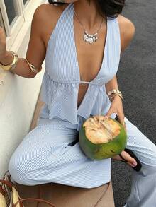 SHEIN EZwear Blue Striped Woven Women's Casual Suit - Blue and White - View 3