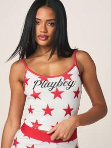 Missguided x Playboy 星形印花吊带背心和短裤套装，两件套，红白图案，适合节日、夏季、睡衣、家居服，七月四日 - 彩色 - 查看 7