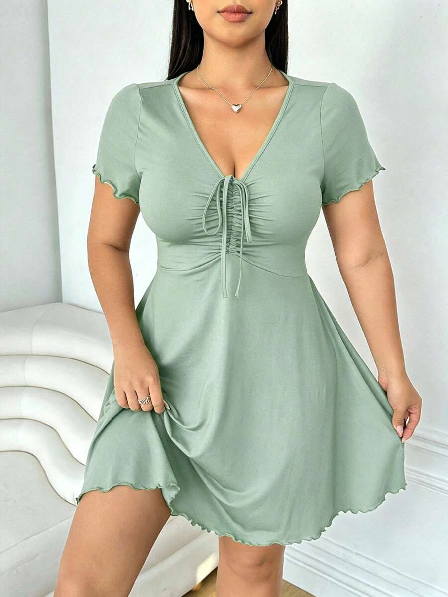 Solflare Plus Size Women's Valentine's Day Light Green V-Neck Front Drawstring Knot Dress - Mint Green - View 1