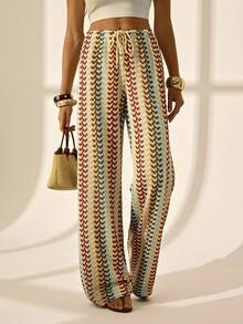 SHEIN Tall 女士度假风抽绳腰带印花宽松阔腿休闲裤，秋季款 - 彩色 - 查看 5