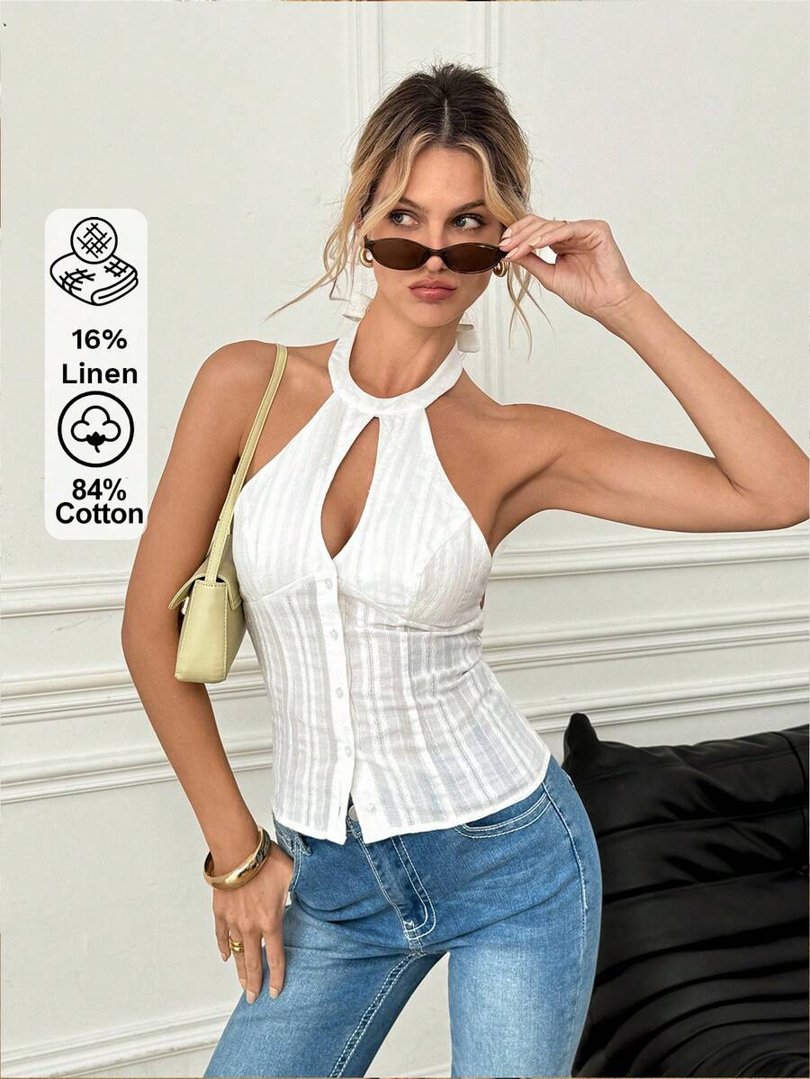 SHEIN Blusa feminina branca sexy de linho, sem mangas, com decote halter nas costas e modelagem justa. Blusa elegante de boutique para o verão. - Branco - Ver 1