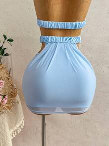 Soleia Women's Light Blue Summer 70s Mini Dress,Hollow-Out Backless Halter Ruched Rhinestone Embellished Boho Beach Vacation Night Out Party Dress - Blue - View 6