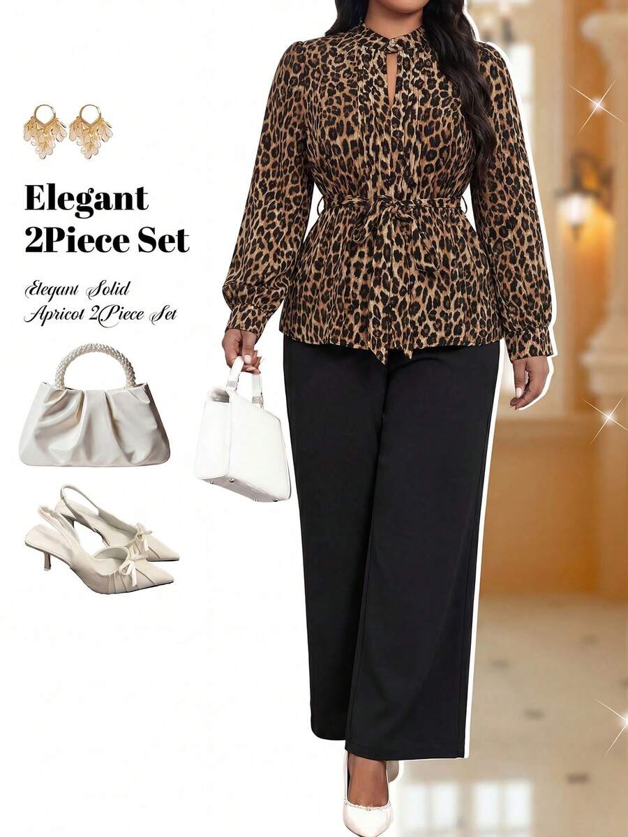 Fleurora Plus Size Fashionable Leopard Print Shirt And Solid Chocolate Brown Pants 2 Pieces Set, Elegant Autumn Work Formal Office Dinner Outfits For Women