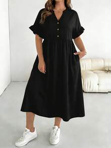 SHEIN Essnce Đầm ngắn tay màu đen trơn dành cho nữ cỡ lớn, kiểu dáng thường ngày, thích hợp cho mùa xuân và mùa hè. - Nhiều màu - Xem 3