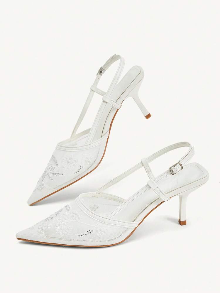 CUCCOO CHICEST Women Shoes White Pearl Embroidery Mesh Breathable Sexy Elegant Party Banquet Ankle Strap Stiletto Women's Shoes Pointed Toe Slingback Women's Shoes