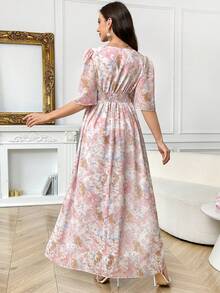 SHEIN 孕妇优雅印花V领荷叶袖连衣裙，夏季 - 彩色 - 查看 2