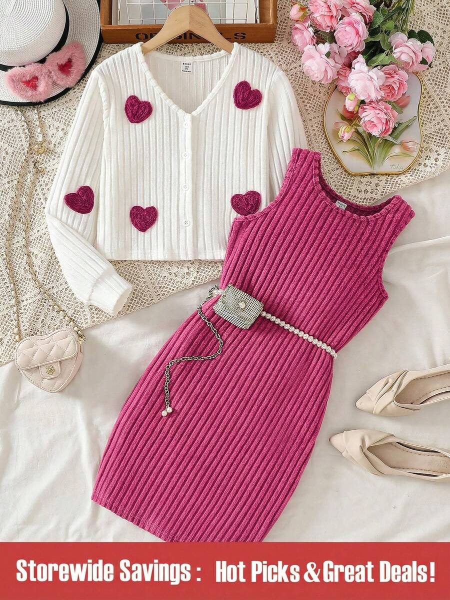 SHEIN Ensemble 2 pièces pour fille : gilet et robe brodés de cœurs rouges, style européen à la mode, printemps/automne - Framboise - Voir 1