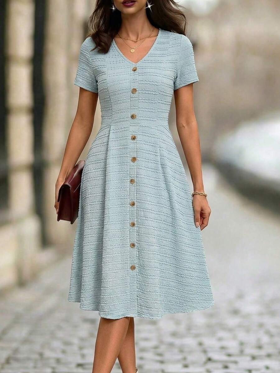 Editum V领纽扣红色波点收腰女式连衣裙，春季服装，情人节连衣裙 - 藍色 - 查看 1