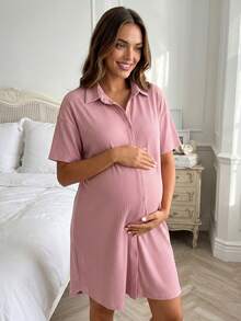 Slowluna Maternity Solid Color Short Sleeve Single-Breasted Casual Ribbed Knit Dress,Loungewear,Sleepwear,Sleepwear Set,Pajama Dress - Pink - View 3