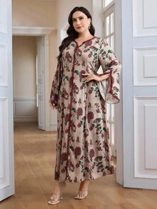 Al Najma Vestido maxi árabe holgado de manga larga con cuello en V y estampado floral para mujer de talla grande - Multicolor - Ver 9