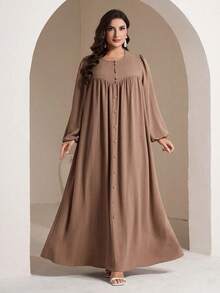 Veilorie Women Plus Size Elegant Solid Color Pleated Loose Buttoned Decorated Dress Fall - Coffee Brown - View 5