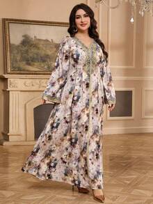 Al Najma Áo dài in hoa thanh lịch cỡ lớn dành cho nữ & váy maxi truyền thống Ả Rập, kaftan khiêm tốn - Hồng - Xem 4