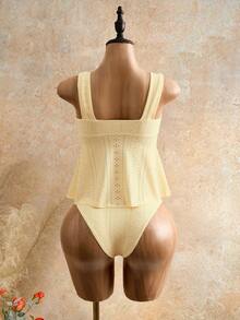 Bellisia Women's Summer Vacation Casual Sexy Beach Golf Wear White Solid Color 2-Piece Bikini Swimwear Set, Textured Fabric Wide Strap - Yellow - View 2